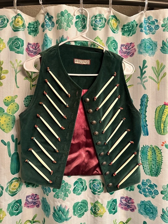 Double D Ranch Jackets & Blazers - Vintage Green Velvet Embellished Vest with Ivory Accents